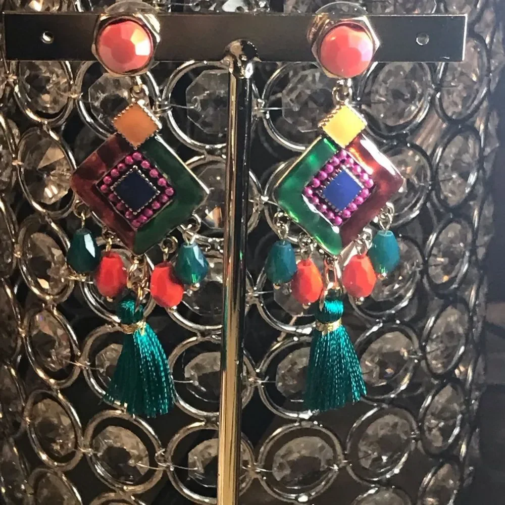 Colorful Diamond  Geometric Bead Tassel Dangle Earrings
